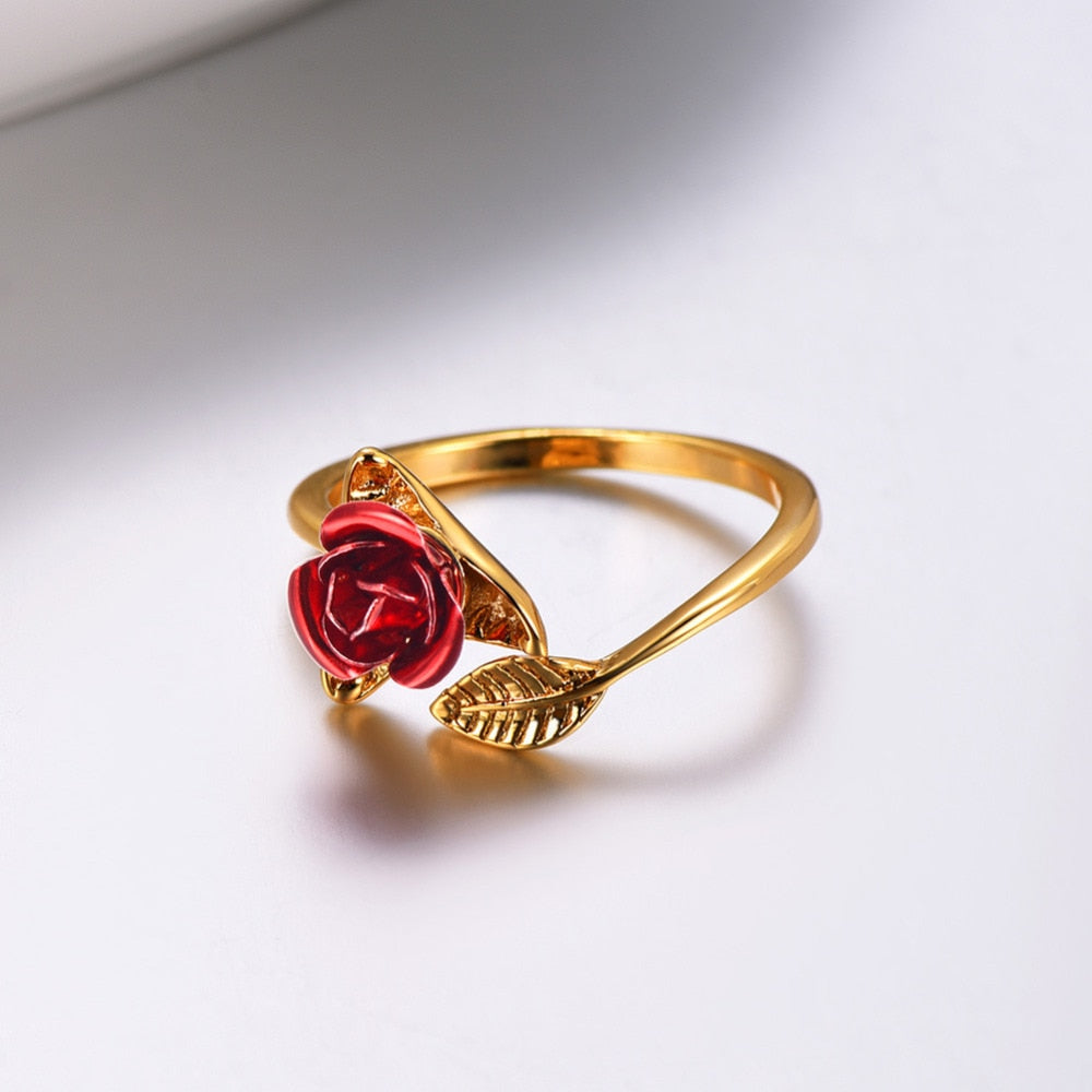 Eprolo U7 Red Rose Garden flower leaves resizable open finger ring for women, perfect Valentine's Day jewelry gift.