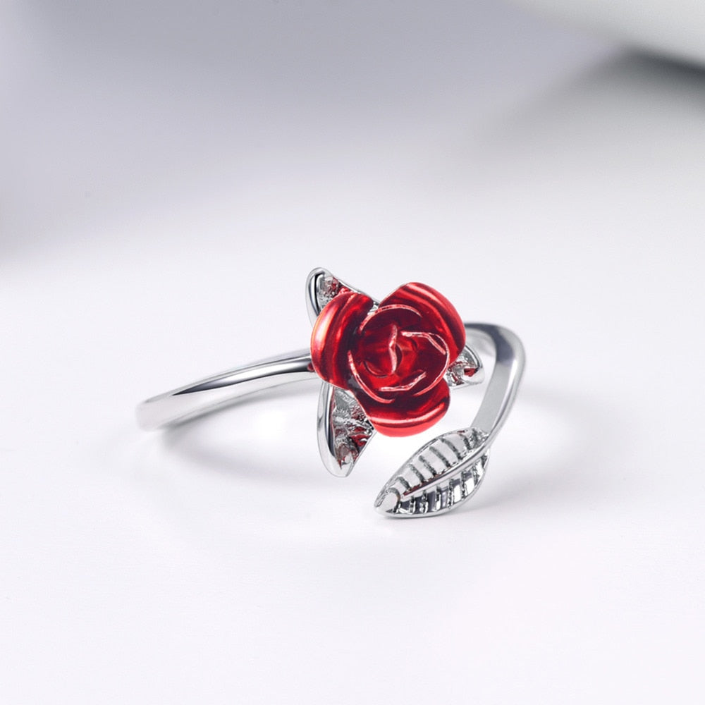 Red rose garden flower leaves open finger ring for women by eprolo, adjustable jewelry perfect for Valentine's Day gifts.