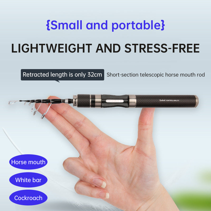 Portable ultra-short carbon fiber telescopic fishing rod in black, with adjustable length options for sea fishing.