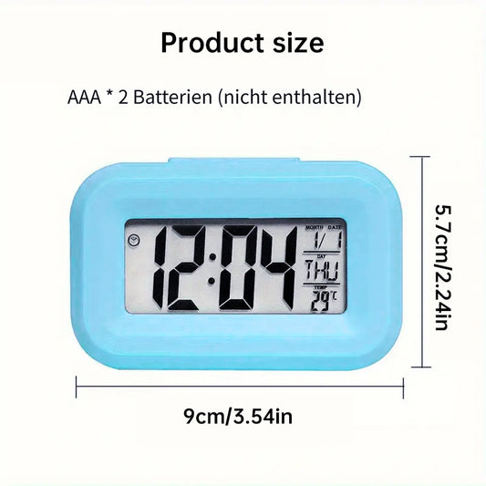 Mini eprolo digital alarm clock with LED backlight, calendar display, snooze function, and data screen showing time and date.