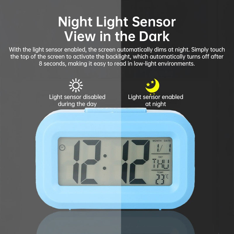 Mini digital alarm clock by eprolo with LED backlight, calendar, snooze, and data display showing time and date.