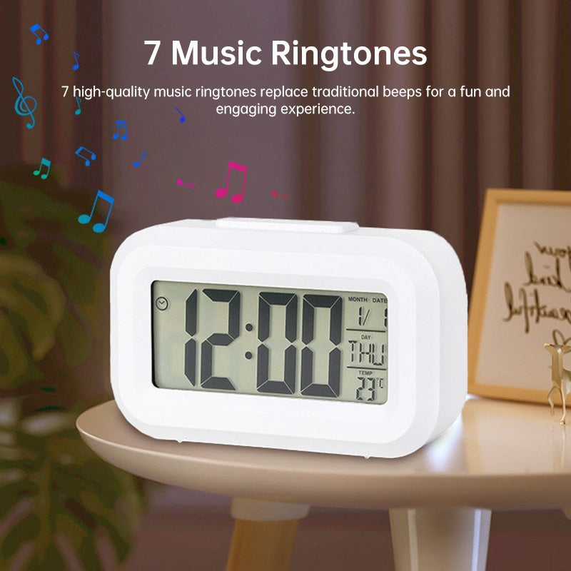 Mini digital alarm clock with LED backlight, calendar, snooze function, and data display by eprolo.
