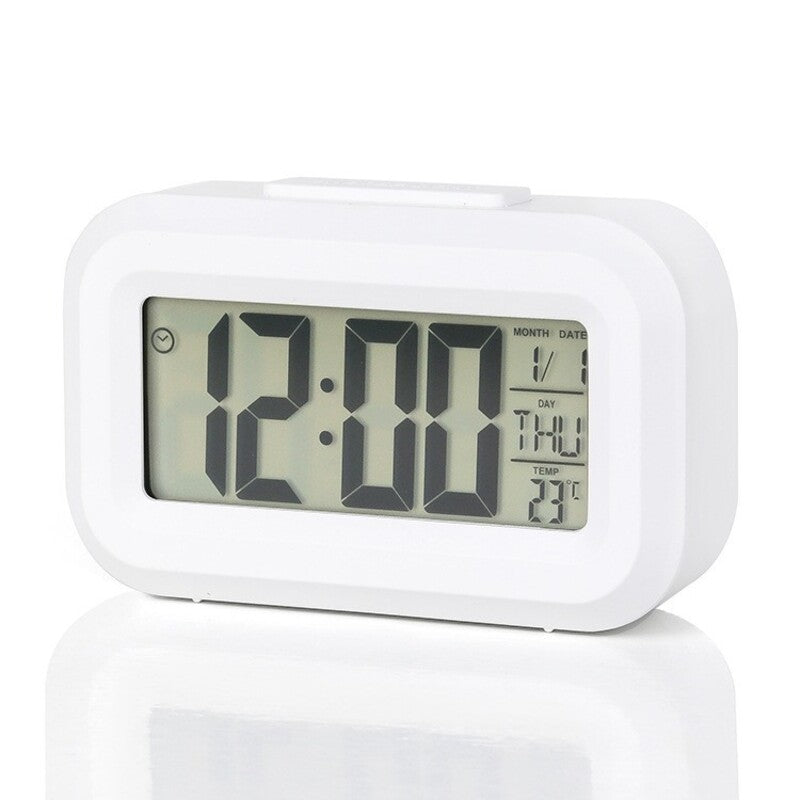 Eprolo mini digital alarm clock with LED backlight, calendar, snooze button, and data display showing time and date.