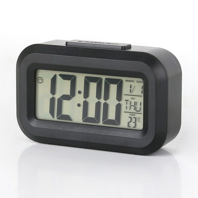 Eprolo mini digital alarm clock with LED backlight, calendar, snooze function, and data display on a sleek compact design.