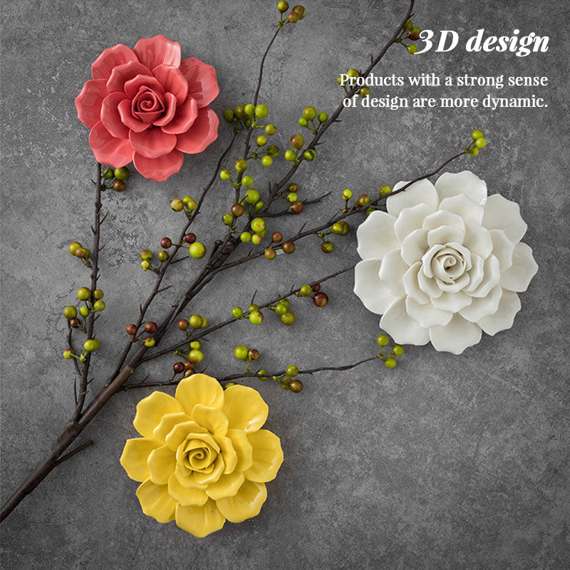 Ceramic 3D Wall Flowers - Hand-Painted Peony, Rose & Camellia Wall Decor for Wedding & Gift - American Smart
