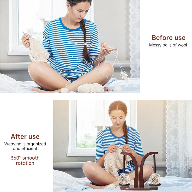 Portable magnetic levitation wool winder by eprolo with wooden stand, hand-spun yarn spinner and manual crochet thread support.