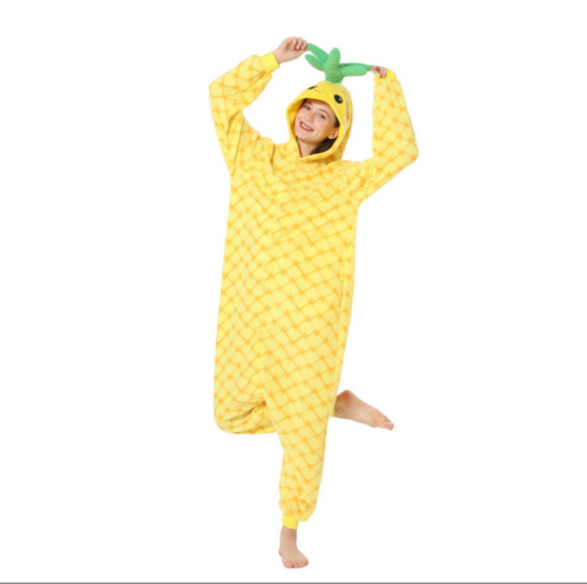 Eprolo pineapple cartoon one-piece pajamas for men and women, warm fleece Halloween pajamas, cozy autumn winter home clothing
