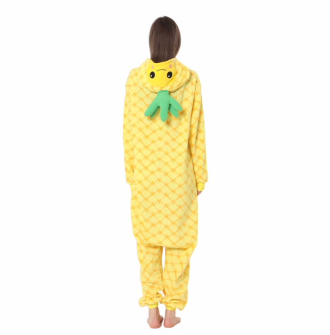 Eprolo pineapple cartoon one-piece pajamas in warm fleece for men and women, perfect for autumn and winter home wear.
