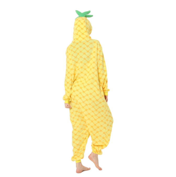 Eprolo pineapple cartoon one-piece pajamas for men and women, cozy fleece Halloween home wear in warm, thickened autumn and winter style.