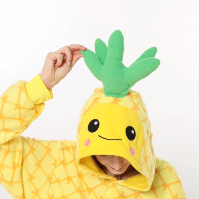 Eprolo pineapple cartoon one-piece pajamas for men and women, warm fleece Halloween home wear, autumn winter cozy sleepwear