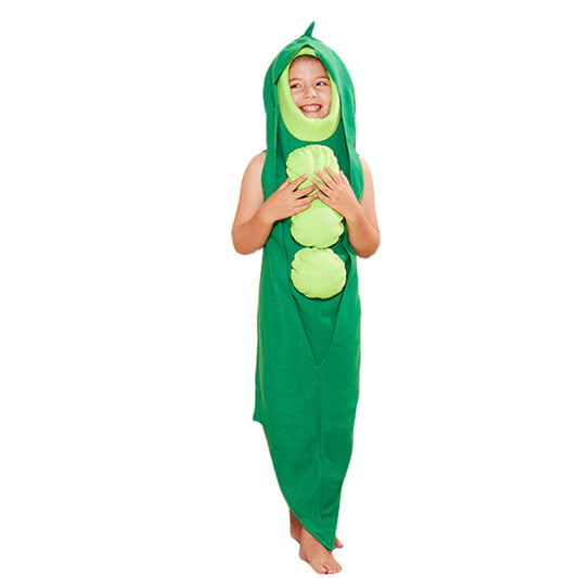 Kids Peas Siamese costume by eprolo featuring green and beige fabric with a playful pea pod design, suitable for Halloween or festival parties.