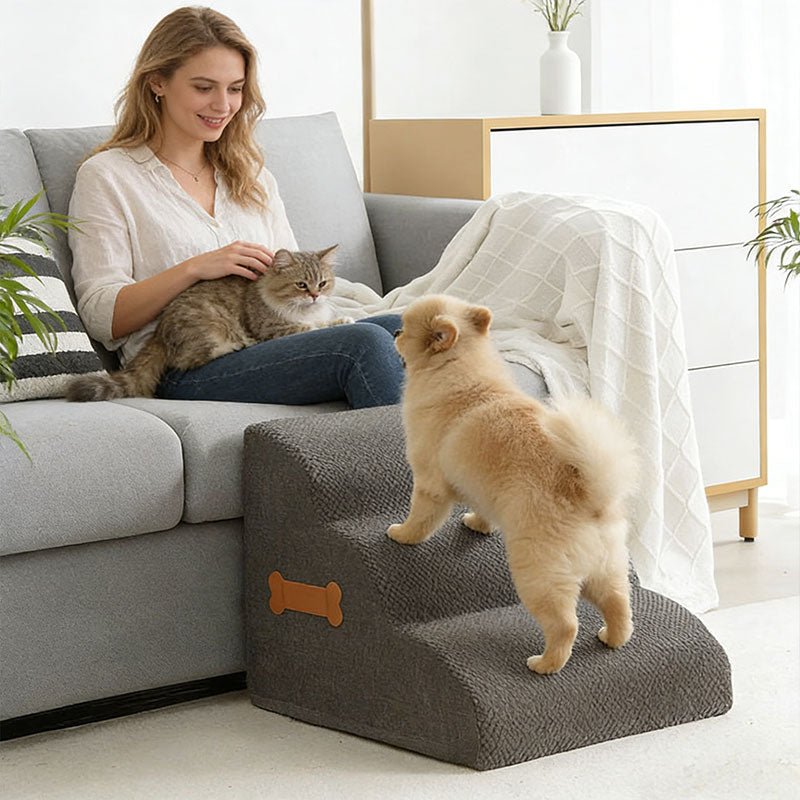 eprolo pet dog stair ramp with bone handle, designed for elderly dogs, providing safe steps for couch and bed access.