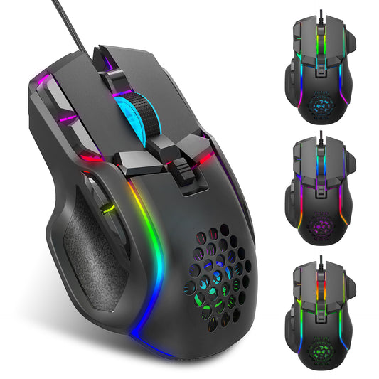 Eprolo gaming mouse with customizable RGB lighting, 12800 DPI, macro programming, and mechanical design for precise gaming control