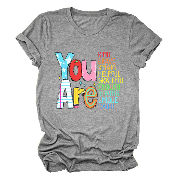 Women’s summer short-sleeved funny T-shirt by eprolo with colorful “You Are Kind Brave Smart” slogan, casual and comfortable fit.