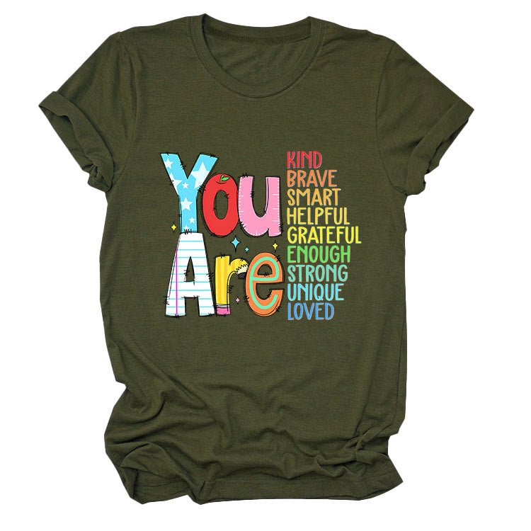 Women’s funny summer T-shirt by eprolo with short sleeves, featuring the words "kind, brave, smart" in casual style.
