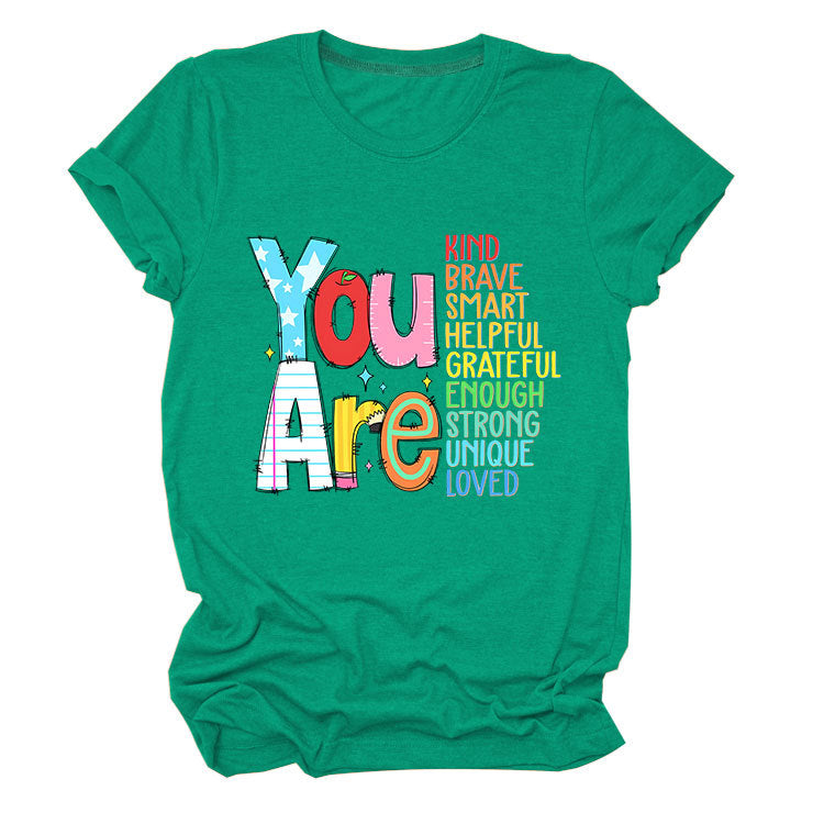 Funny women's summer T-shirt by eprolo featuring short sleeves and playful "you are kind brave smart" slogan.