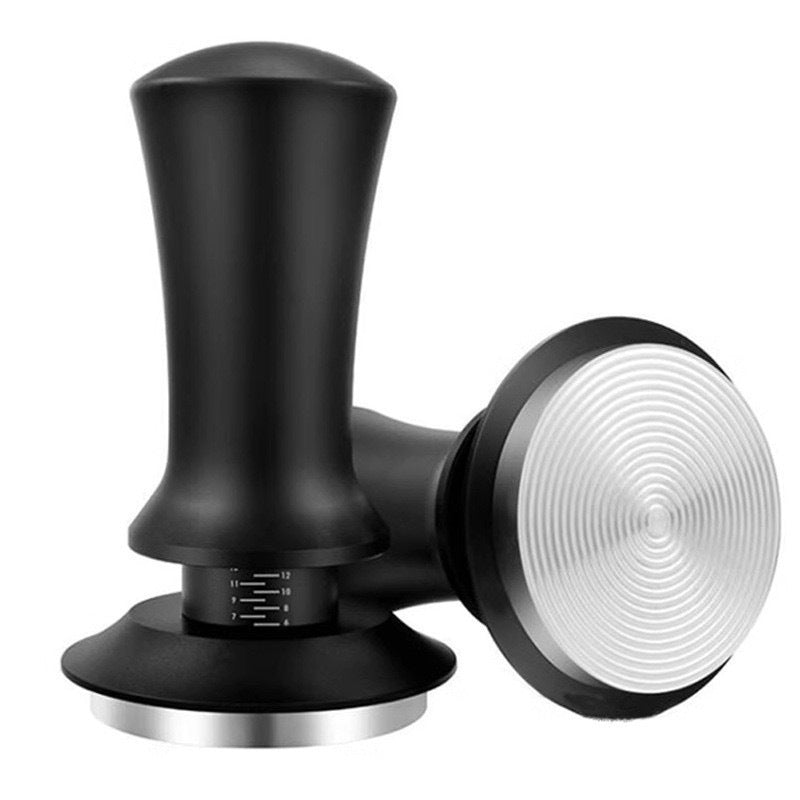 Eprolo 304 stainless steel adjustable coffee tamper with built-in scale for espresso brewing, showing the tamper and scale details.