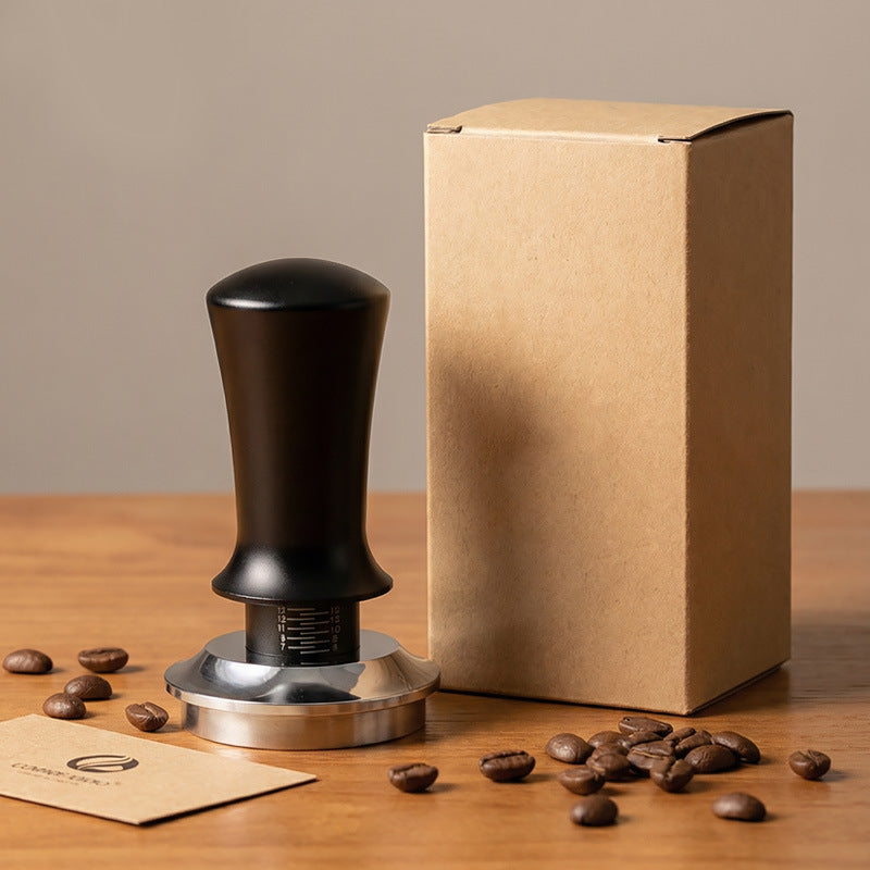 Eprolo 304 stainless steel adjustable coffee tamper with built-in scale for precise espresso tamping, shown with textured handle and base.