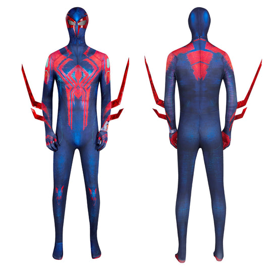 Spider-Man 2099 cosplay costume by eprolo featuring Miguel O'Hara jumpsuit with headgear, perfect for Halloween or Comic-Con.
