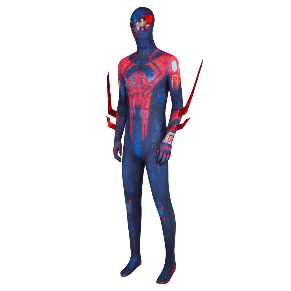 Spider-Man 2099 cosplay costume with Miguel O'Hara jumpsuit, headgear, and detailed comic-con prop design.