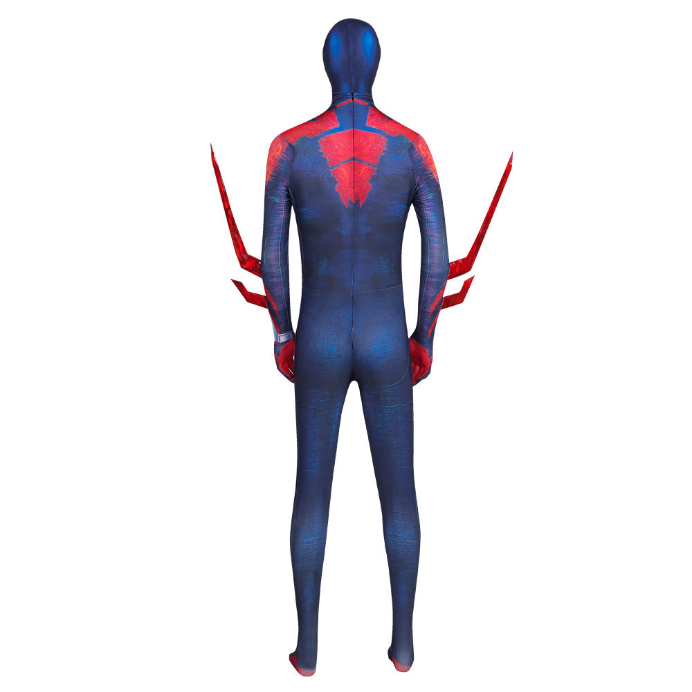 Spider-Man 2099 cosplay costume with Miguel O'Hara jumpsuit, headgear, and accessories, perfect for Halloween or Comic-Con.