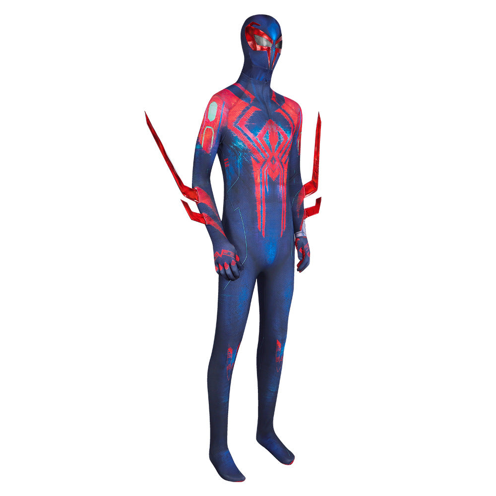 Spider-Man 2099 cosplay costume by eprolo featuring Miguel O'Hara jumpsuit, headgear, and detailed comic-con props.