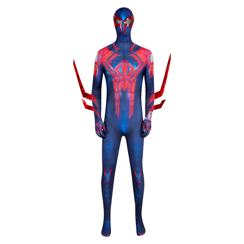 Spider-Man 2099 cosplay costume featuring Miguel O'Hara jumpsuit with headgear, ideal for Halloween or Comic-Con events.