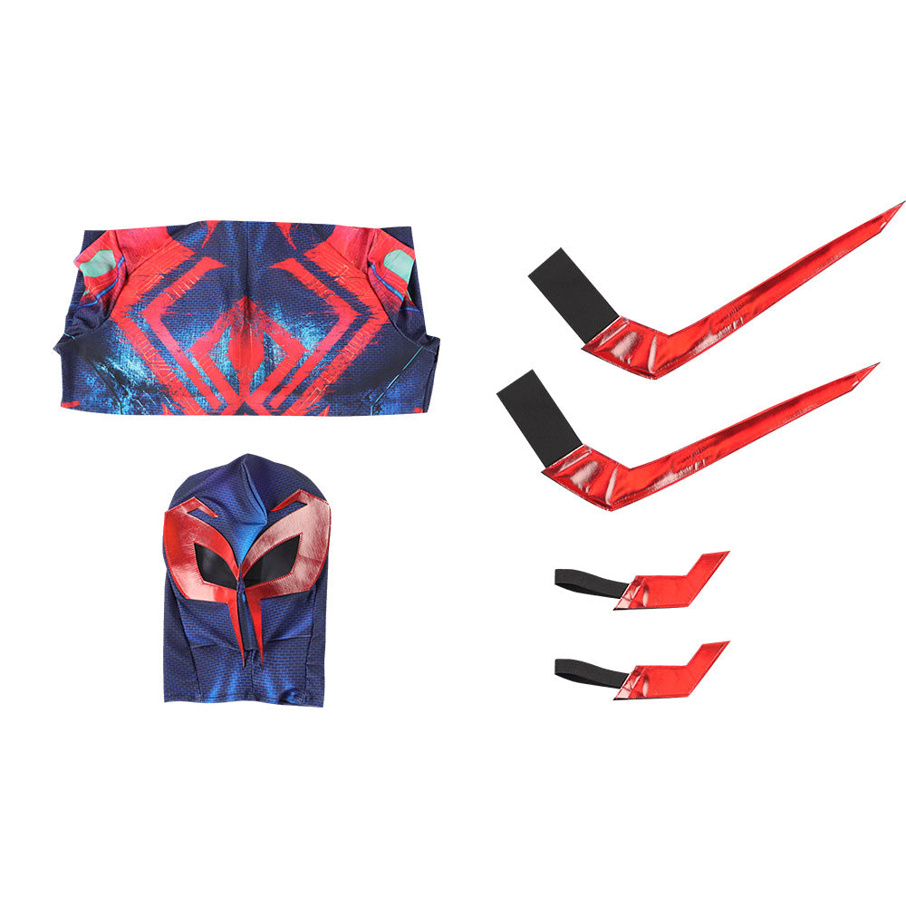 Spider-Man 2099 cosplay costume with jumpsuit, headgear, and props, inspired by Miguel O'Hara, for Halloween or Comic-Con events.