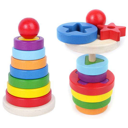 Colorful wooden geometric circular stacking blocks by eprolo, designed for children's educational puzzle and rainbow tower building.