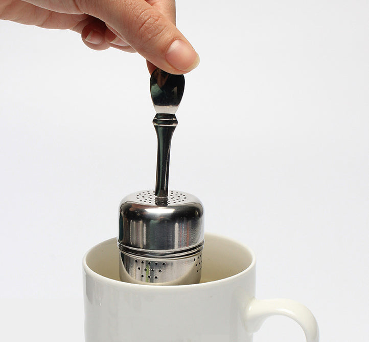 Eprolo stainless steel tea infuser with handle and creative tea ball design for brewing loose leaf tea.