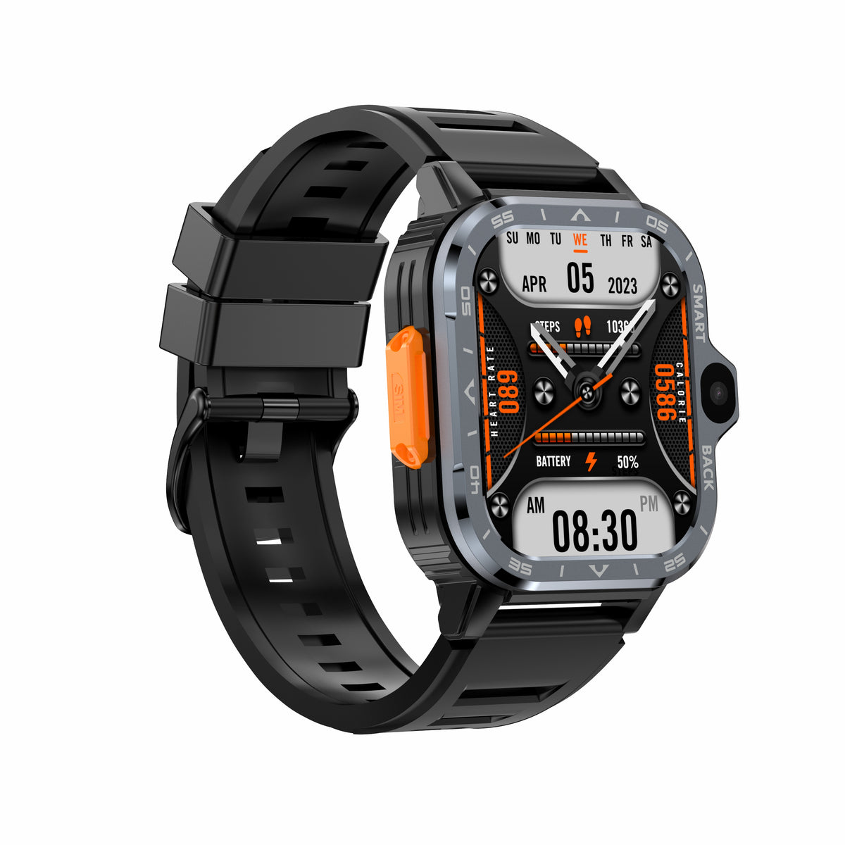 Eprolo AP8 smart watch with silver-black strap, 4G plug-in card, dual HD camera, Wi-Fi, and health monitoring features.