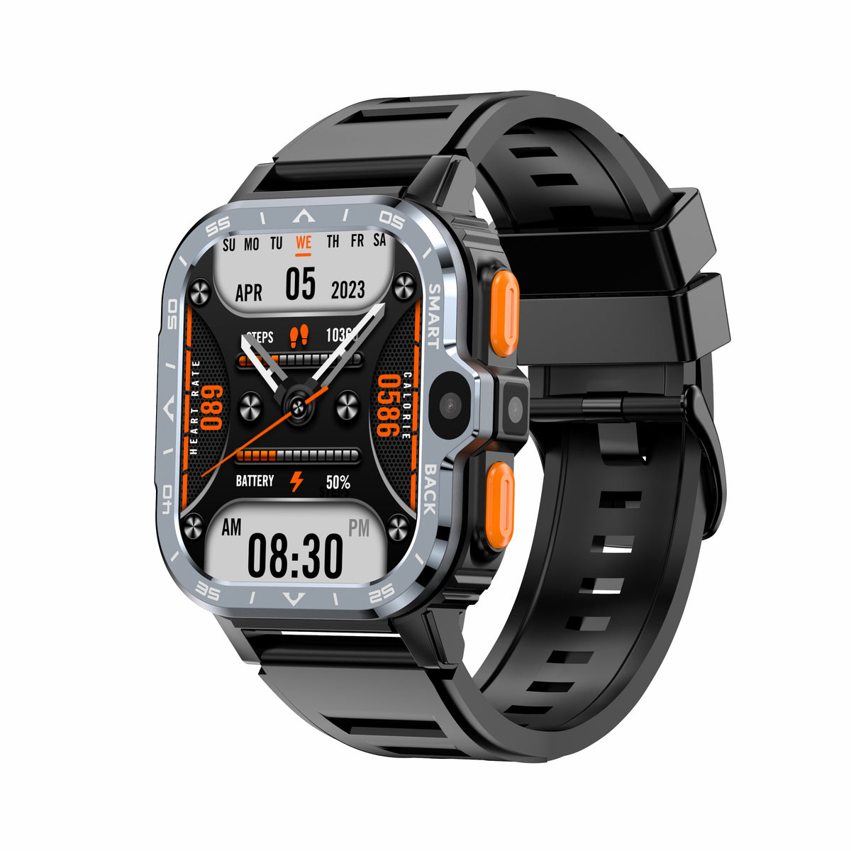 Eprolo AP8 smart watch with silver-black strap, dual HD camera, 4G plug-in card, WiFi, and health monitoring features.