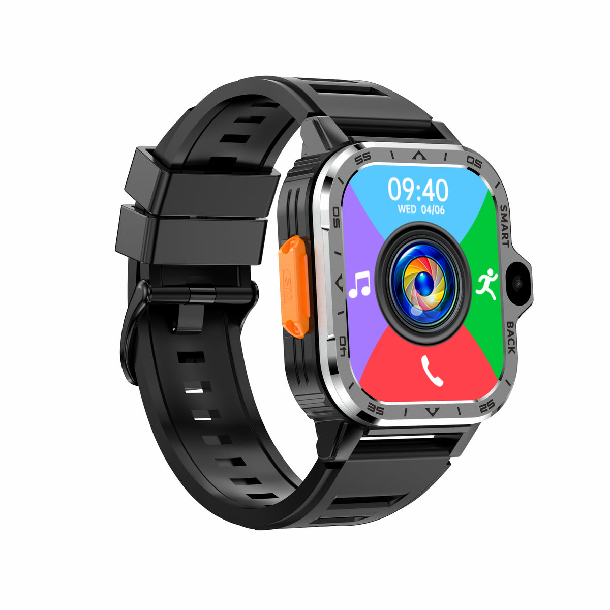 Eprolo AP8 smart watch with silver-black strap, 4G plug-in card, dual HD camera, WiFi, and health monitoring features.
