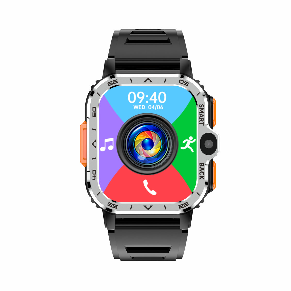 eprolo AP8 smart watch with silver-black strap, dual HD camera, 4G connectivity, health monitoring, and Wi-Fi internet features