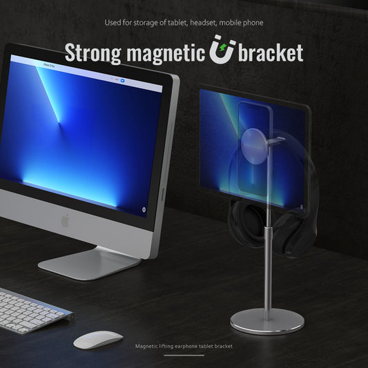 Eprolo face disc lift hanging headphone bracket holding Apple iPad, mobile phone, and tablets with magnetic attachment.