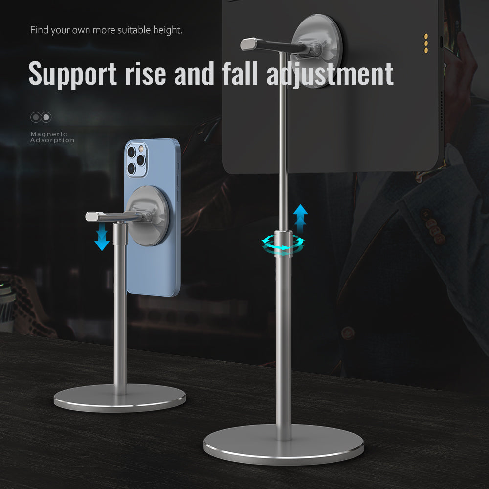 Eprolo face disc lift hanging headphone bracket holding Apple iPad and mobile phones with magnetic mount on a wall.