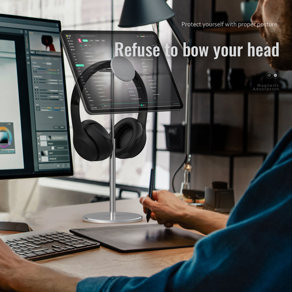 Eprolo face disc lift hanging headphone bracket holding Apple iPad, mobile phone, and tablet with magnetic mount.