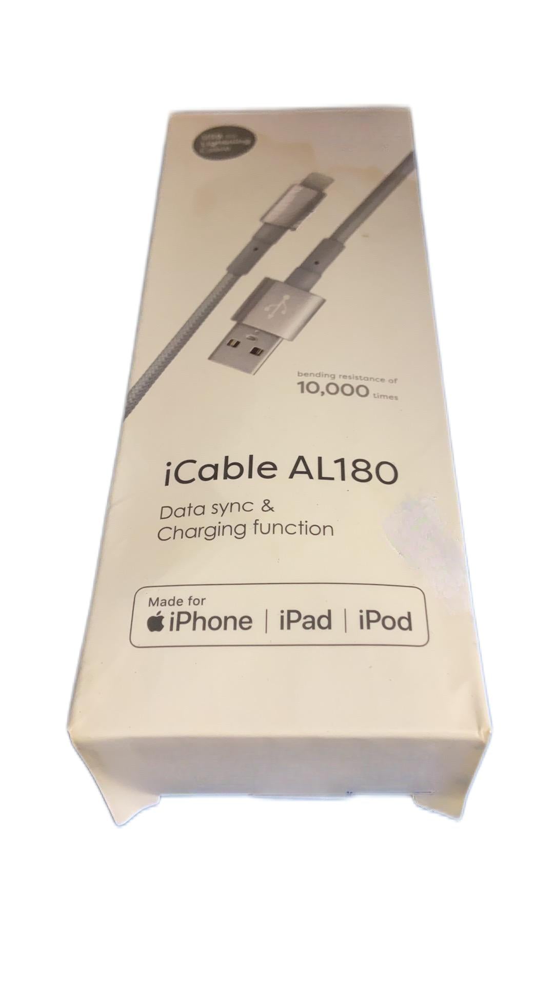 eprolo iCableAL180S charging cable with USB and lightning connectors, shown in black with braided nylon exterior.