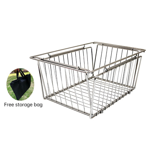 Eprolo IGT stainless steel folding basket for draining and washing, ideal camping table accessory, shown open with handles.