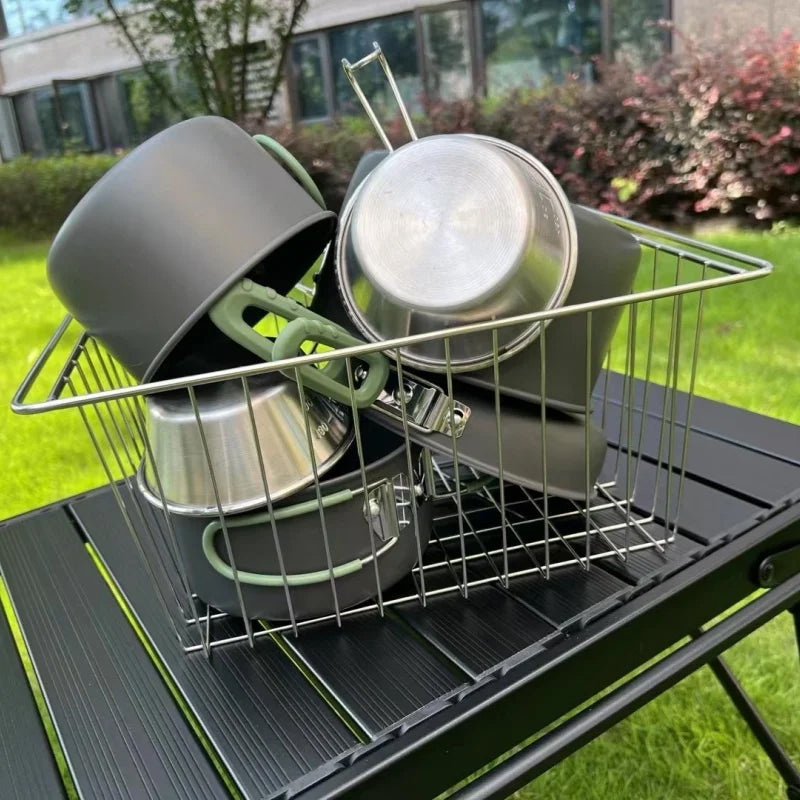 Eprolo IGT stainless steel folding basket for draining and washing, ideal as a camping table accessory with foldable design