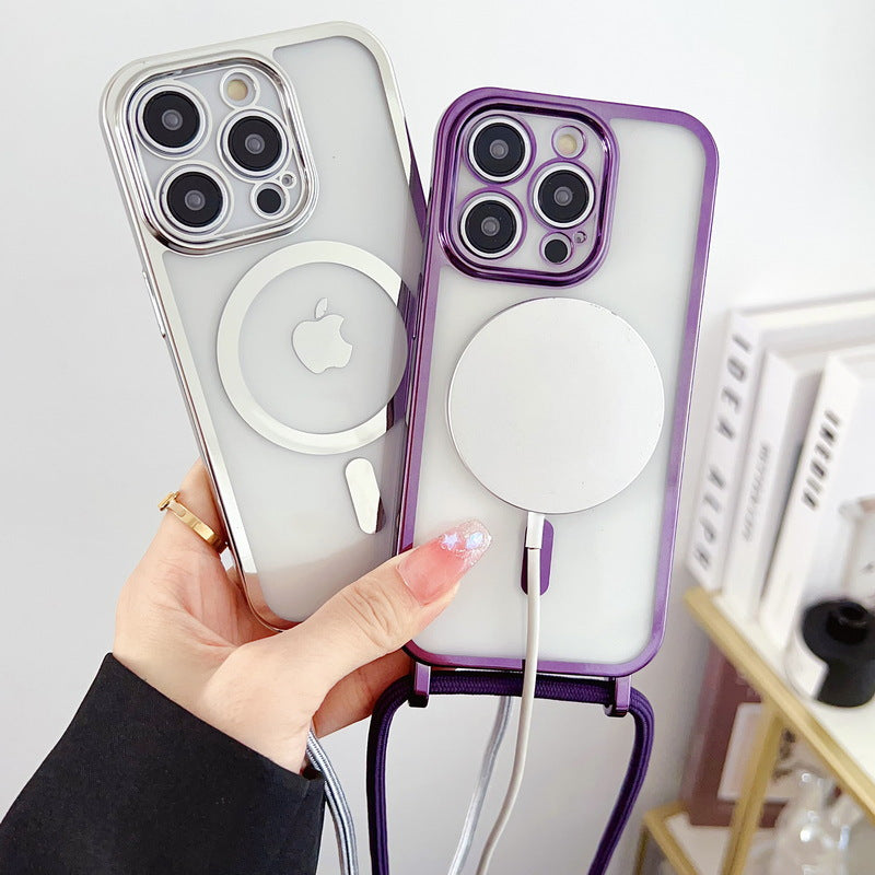 Applicable iPhone 16 Electroplated Lanyard Phone Case 15 Pro Transparent Magnetic Apple 17 Crossbody Shockproof Protective Cover - American Smart