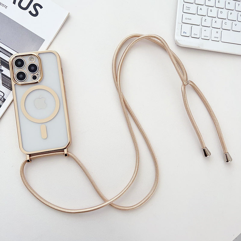 Applicable iPhone 16 Electroplated Lanyard Phone Case 15 Pro Transparent Magnetic Apple 17 Crossbody Shockproof Protective Cover - American Smart
