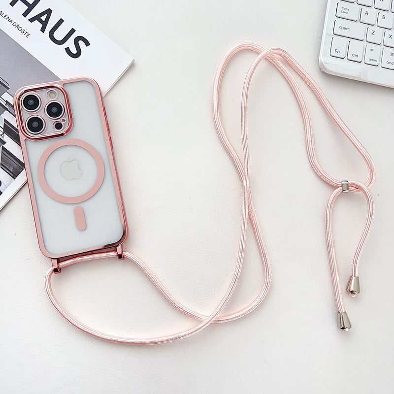 Applicable iPhone 16 Electroplated Lanyard Phone Case 15 Pro Transparent Magnetic Apple 17 Crossbody Shockproof Protective Cover - American Smart