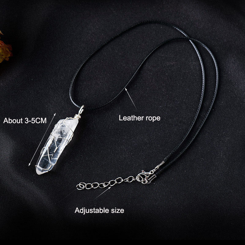 White crystal winding necklace with raw hexagonal stone pendant, featuring a unique winding design by eprolo