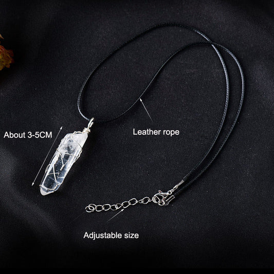 White crystal winding necklace with raw hexagonal stone pendant, featuring a unique winding design by eprolo