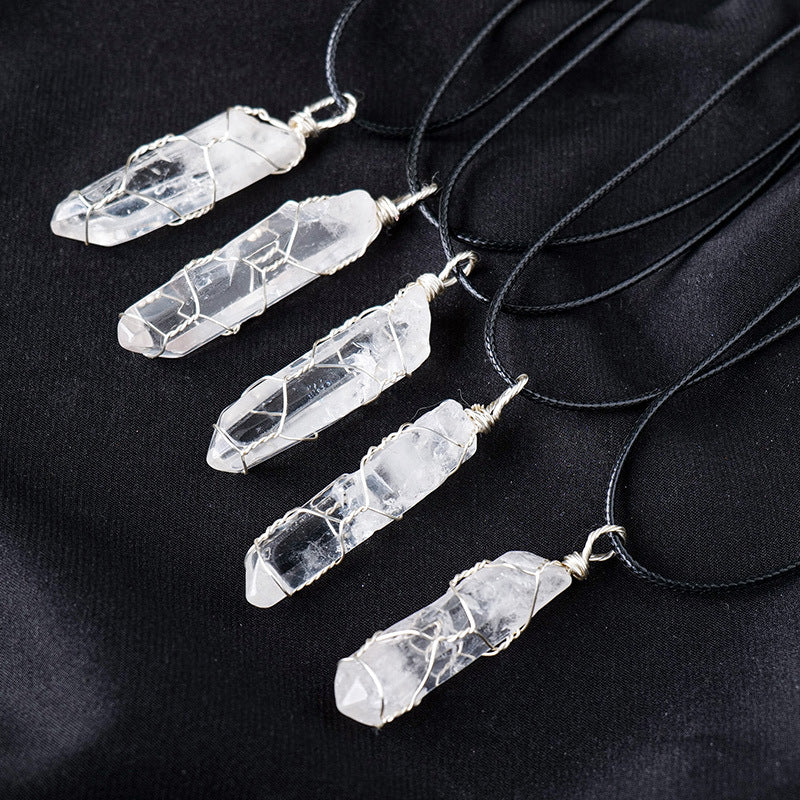 White crystal winding necklace featuring a raw hexagonal pillar crystal pendant, crafted by eprolo.