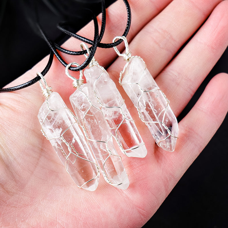 White crystal winding necklace featuring a raw hexagonal pillar crystal pendant, crafted by eprolo, showcasing natural stone details.