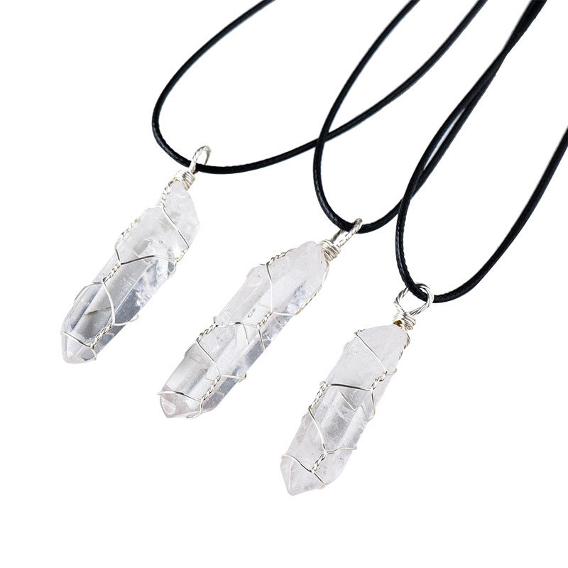 White crystal winding necklace with raw hexagonal pillar pendant by eprolo, featuring a unique crystal stone design.