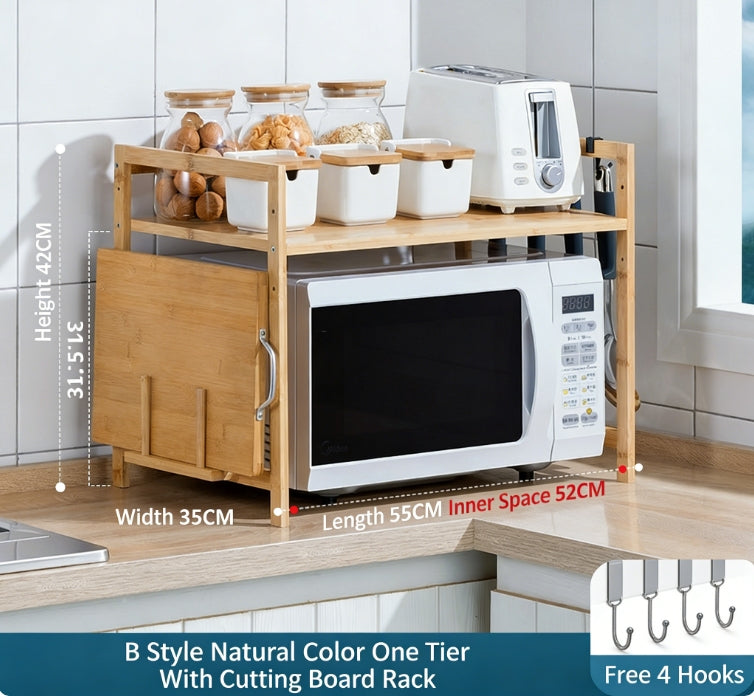 Eprolo double-layer bamboo kitchen storage rack with microwave and seasoning organizer on a countertop, sturdy and stylish.