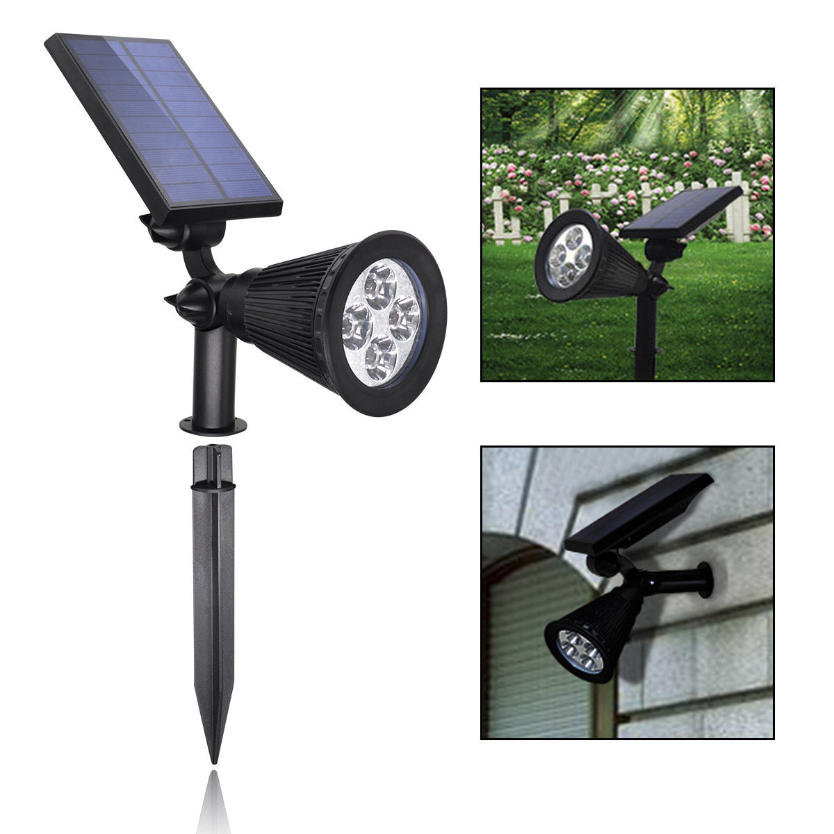Solar garden landscape light with four LED outdoor spotlight, eprolo brand, for lawn and garden illumination.